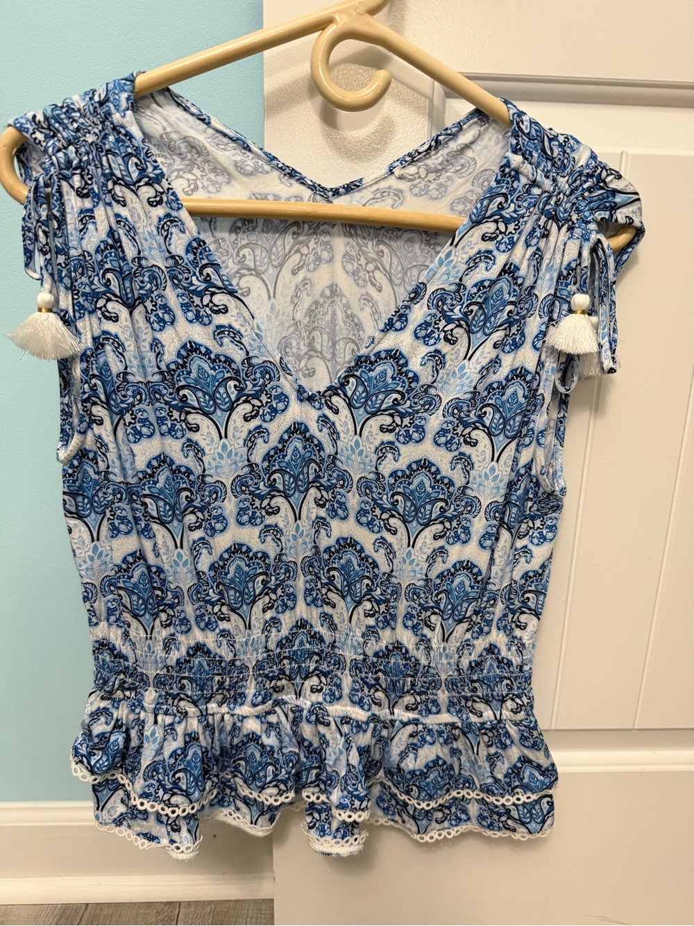 Blue Printed V-Neck Peplum Women's Top